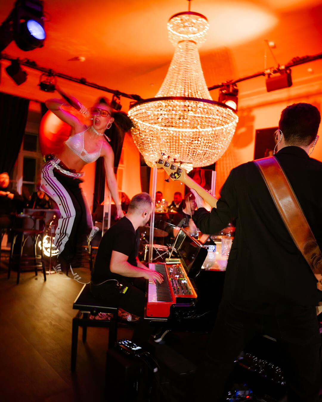 Stage with live singers and piano at The Piano Bar Prague